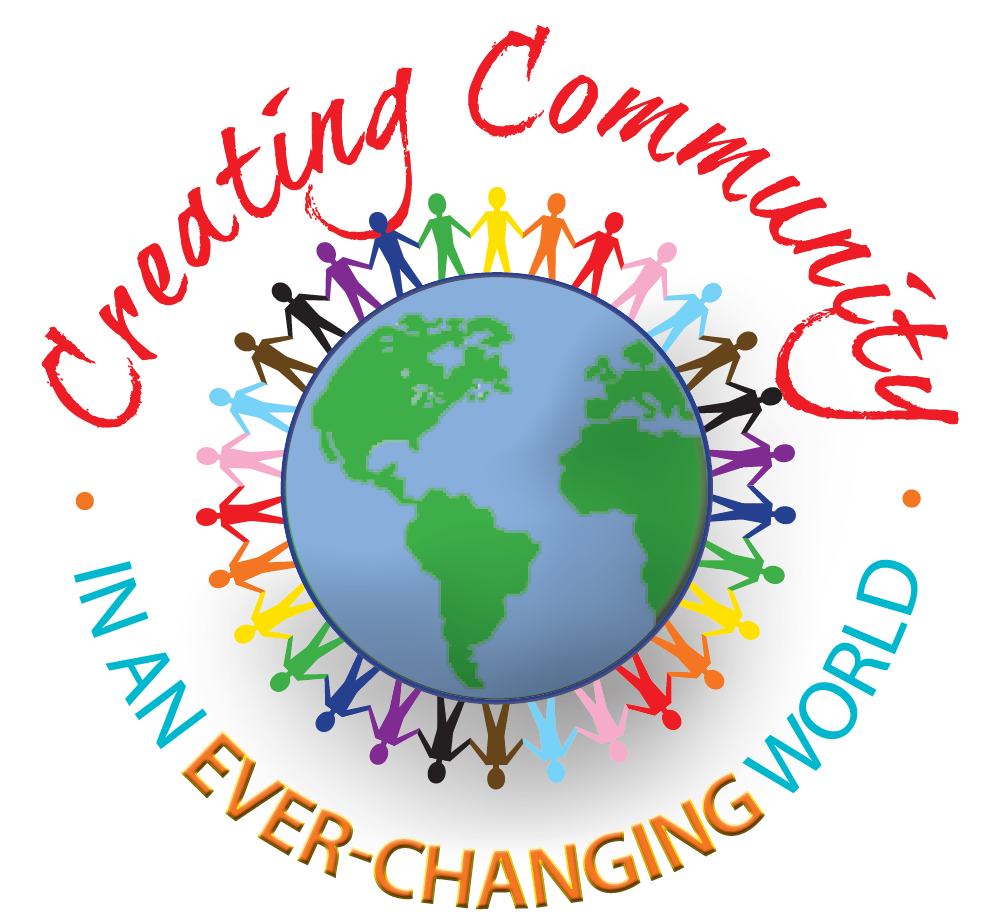 24-25 stewardship logo earth graphic encircled by rainbow stick figures holding hands; the words "Creating Community in an Ever Changing World" surround the graphic