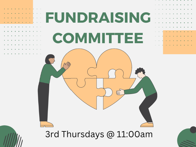 graphic of two people holding puzzle pieces that comprise a heart; "Fundraising Committee 3rd Thursdays @ 11:00am"