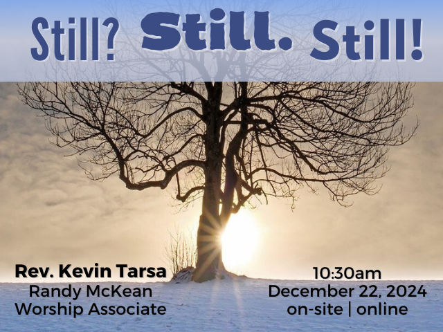 large deciduous tree with bare branches and large trunk that hides the rising sun behind it, snowy ground and amber sky; service info: "Still? Still. Still! Rev. Kevin Tarsa Randy McKean, Worship Associate 10:30am December 22, 2024 on-site | online"